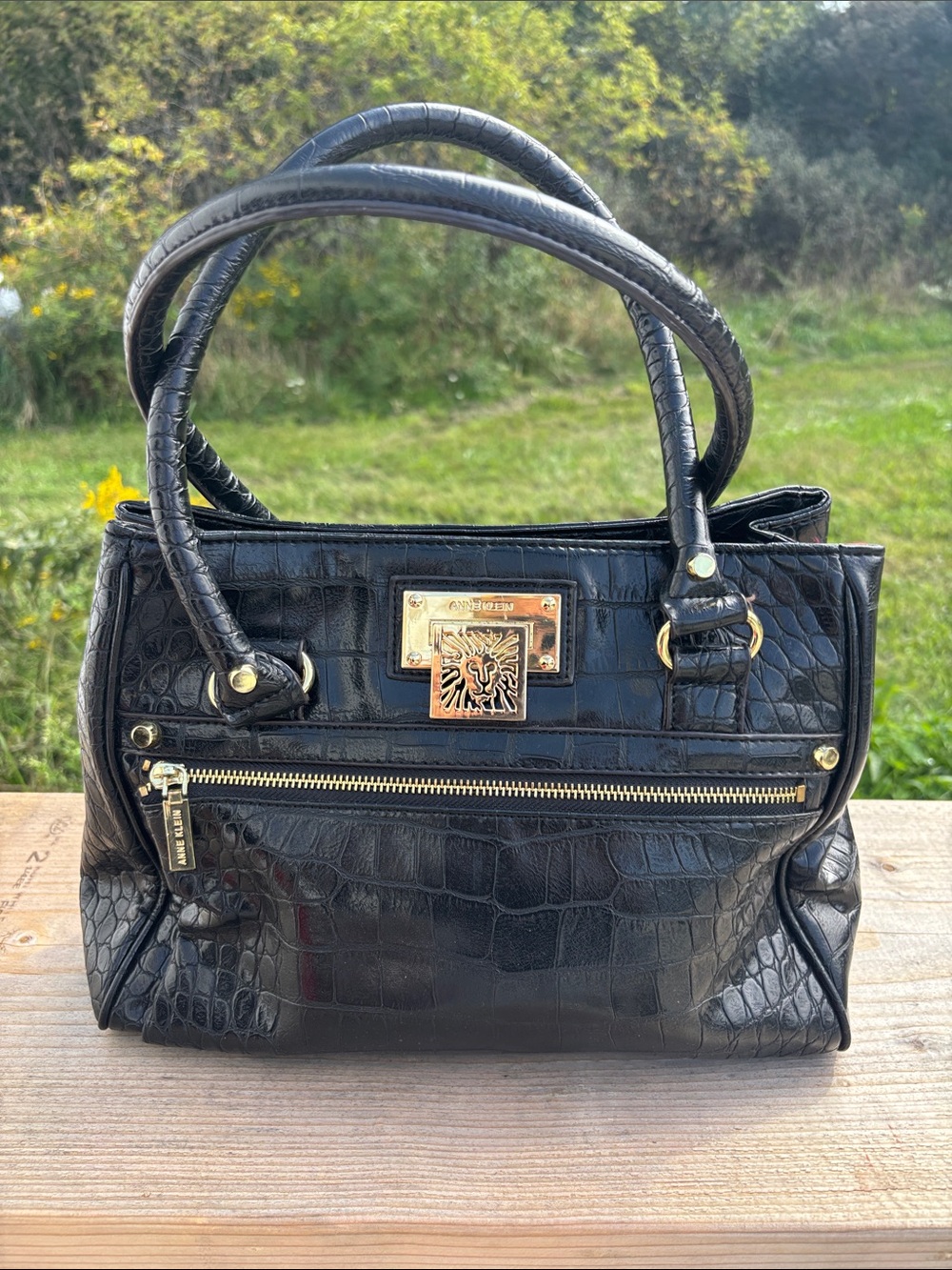 Anne Klein Black Croc-Embossed Satchel with Gold Hardware